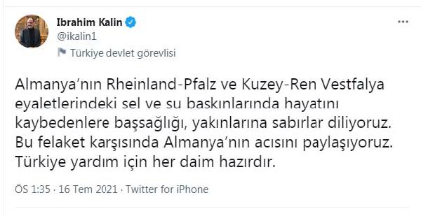 Cumhurbaşkanlığı Sözcüsü Kalın’dan Almanya’ya başsağlığı mesajı