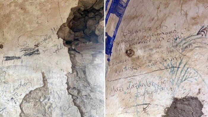 Tarihi ‘Macar Camii’nin iç kısmı duvar yazılarıyla kirletildi